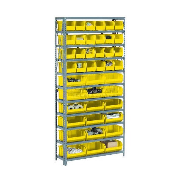 Global Industrial Steel Open Shelving, 28 YL 8-1/4x14-3/4x7 Stacking Bins 8 Shelves 36x12x73 506205YL - main
